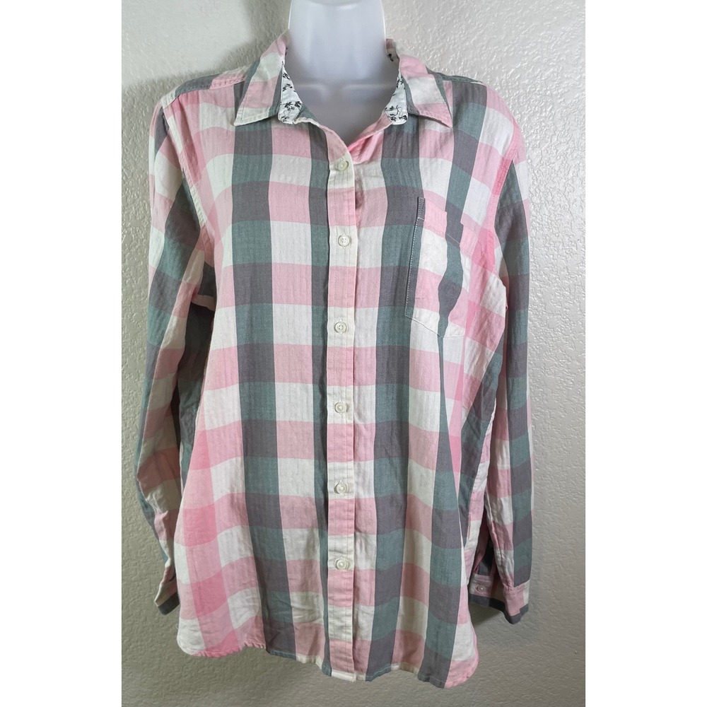 Lucky Brand Womens Large Button Down Shirt Pink Grey Plaid Classic Fit Casual